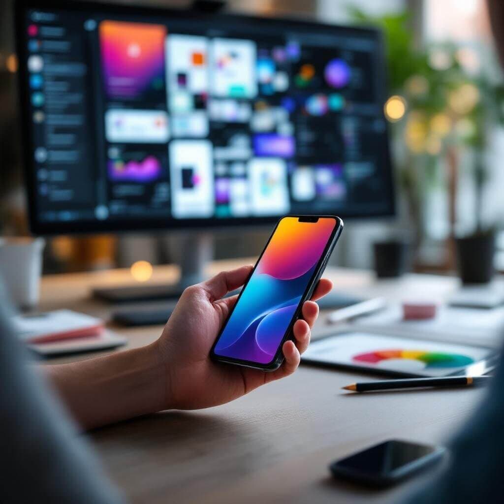 Hand holding a smartphone showing a colourful gradient screen in front of a desktop monitor and tablet on a wooden desk
