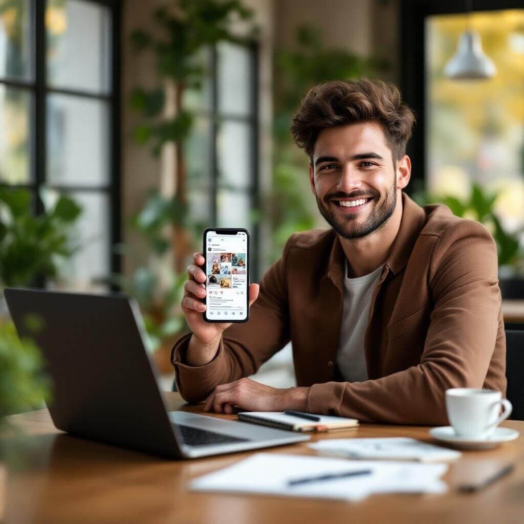 Smiling man holding up a phone showing a social media profile grid, seated at a desk with a laptop and notes