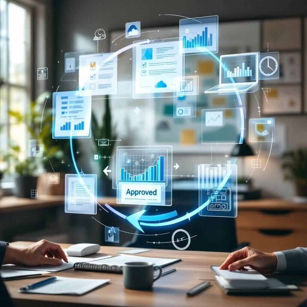 Two people at a desk with a glowing diagram of documents, charts and an approval step floating above it