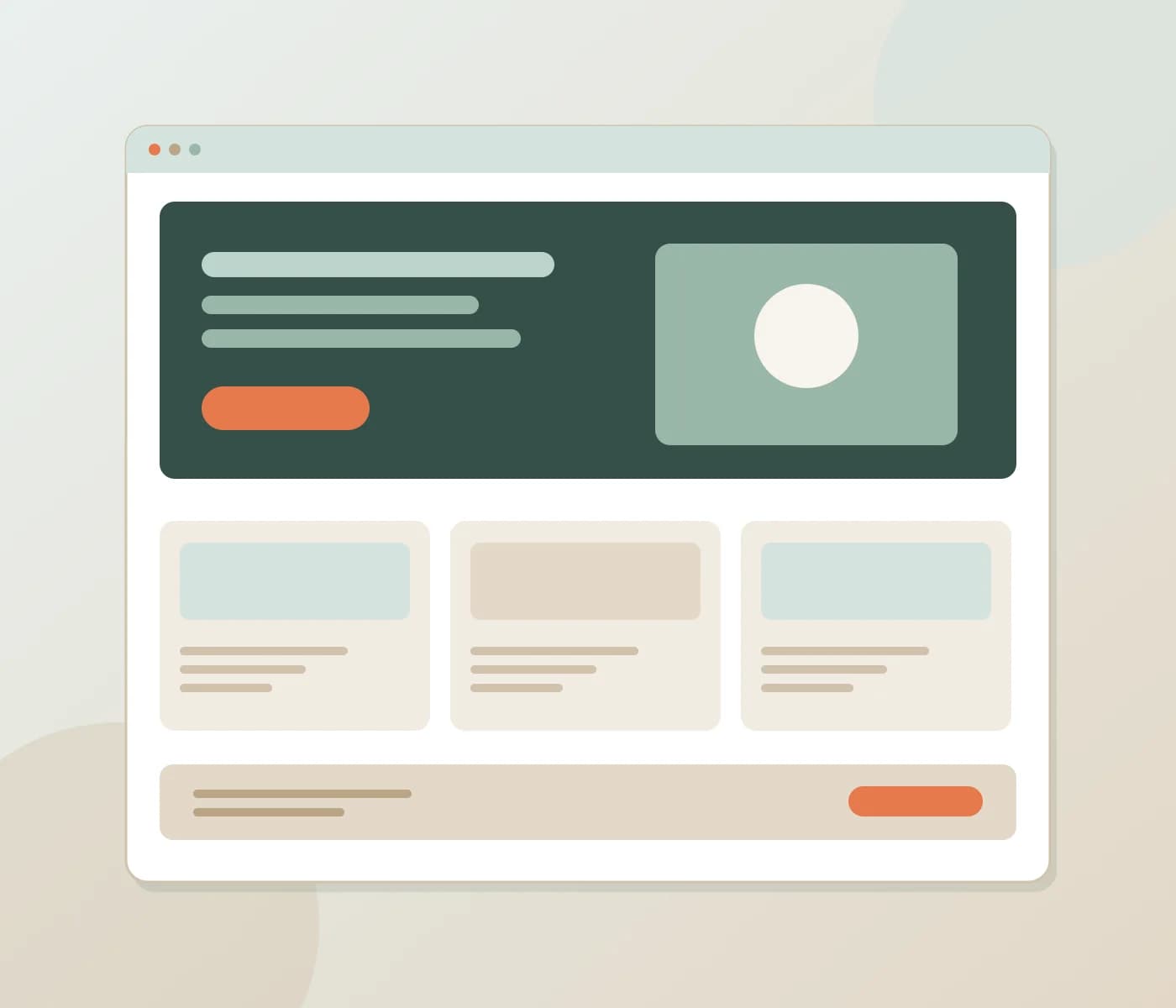 Abstract website layout blocks in sage, sand and coral on a cream background