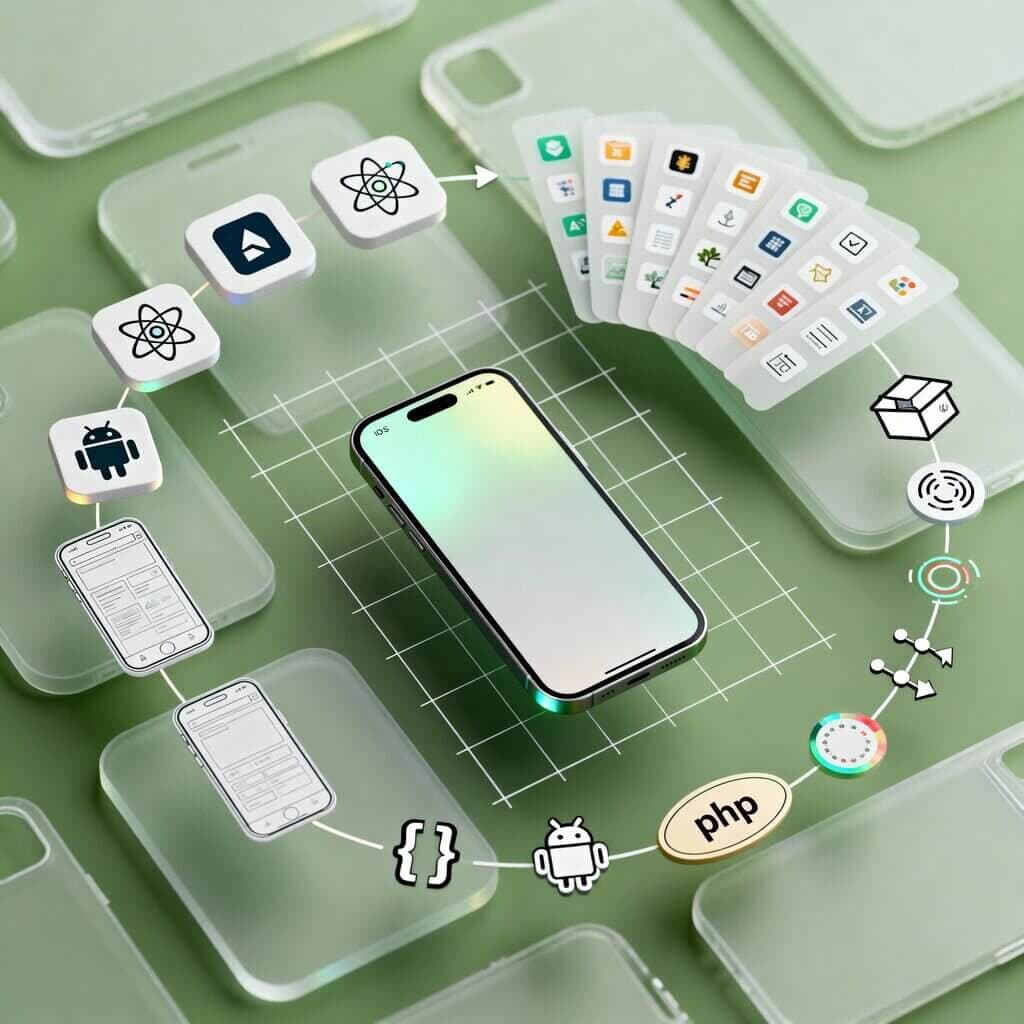 Illustration of a smartphone surrounded by Android, code and app icons on a soft green background