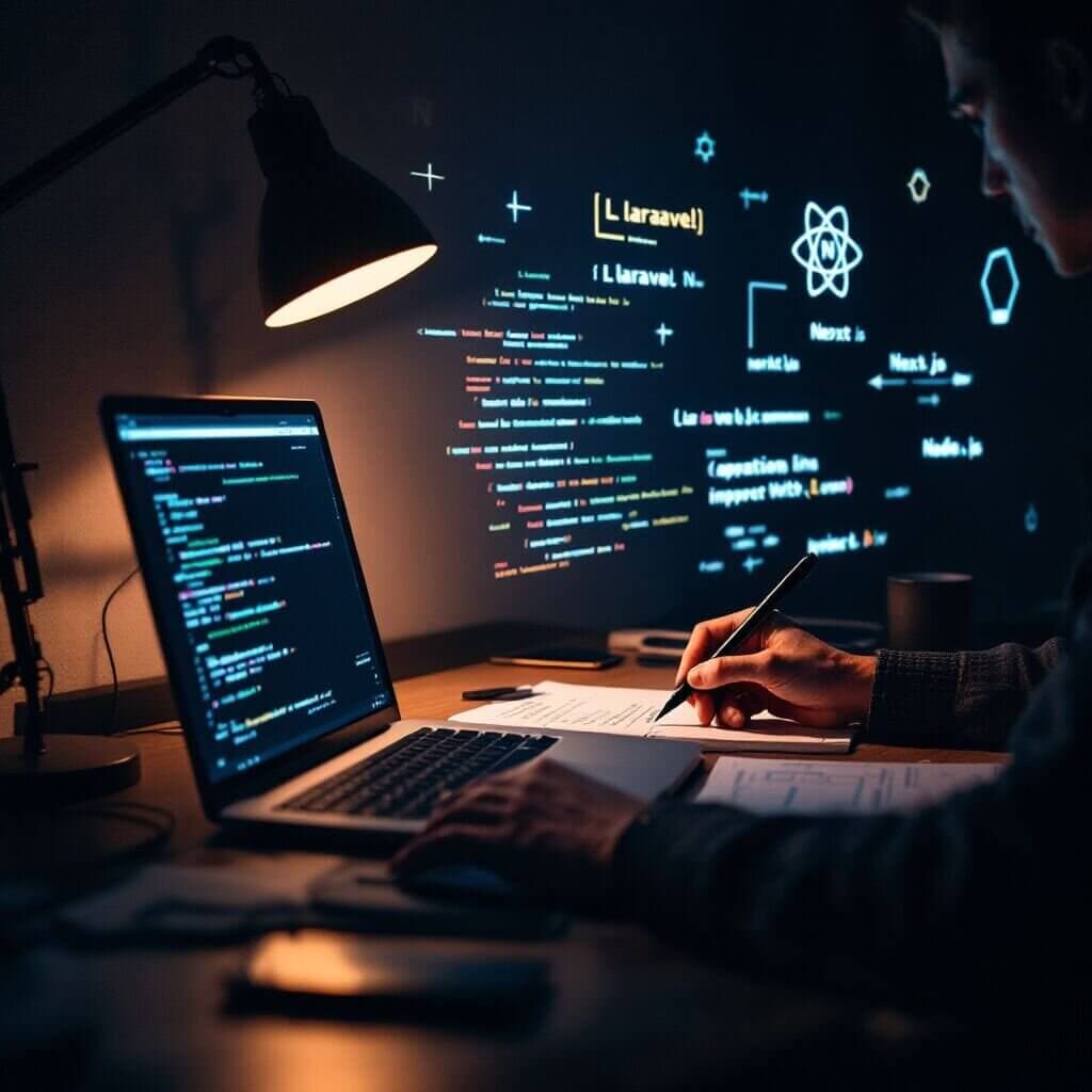 Developer at a desk with two monitors showing code and a website preview