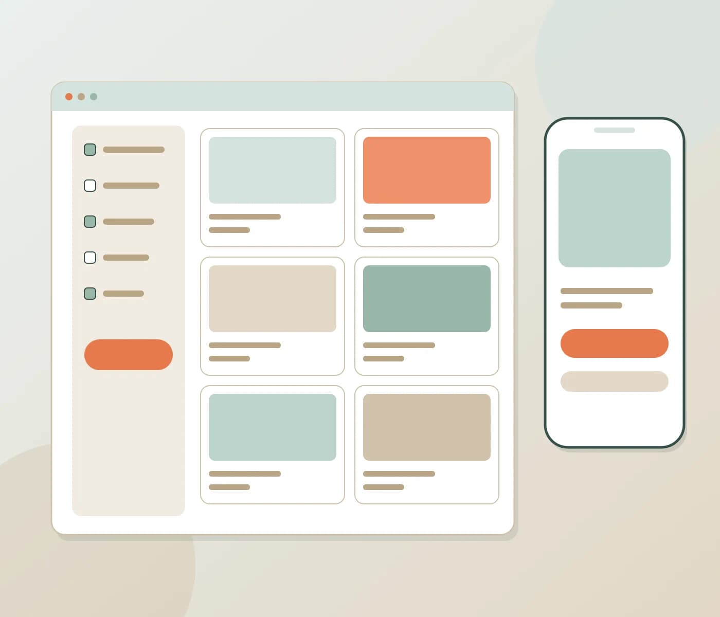 Abstract product grid, filter panel and phone layout in sage, sand and coral