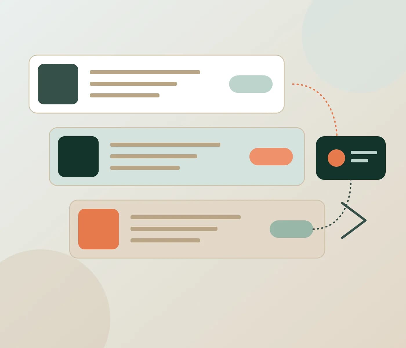 Abstract layered route and component diagram in sage, sand and coral
