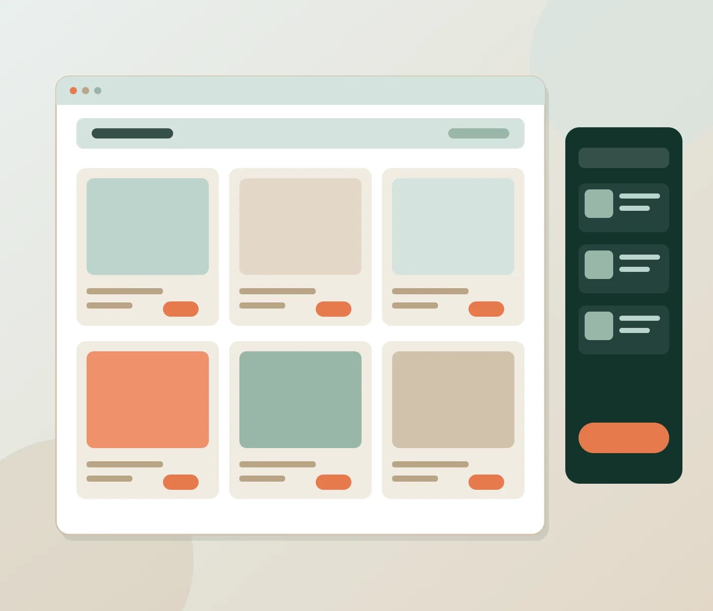 Abstract storefront product grid and cart outline in sage, sand and coral