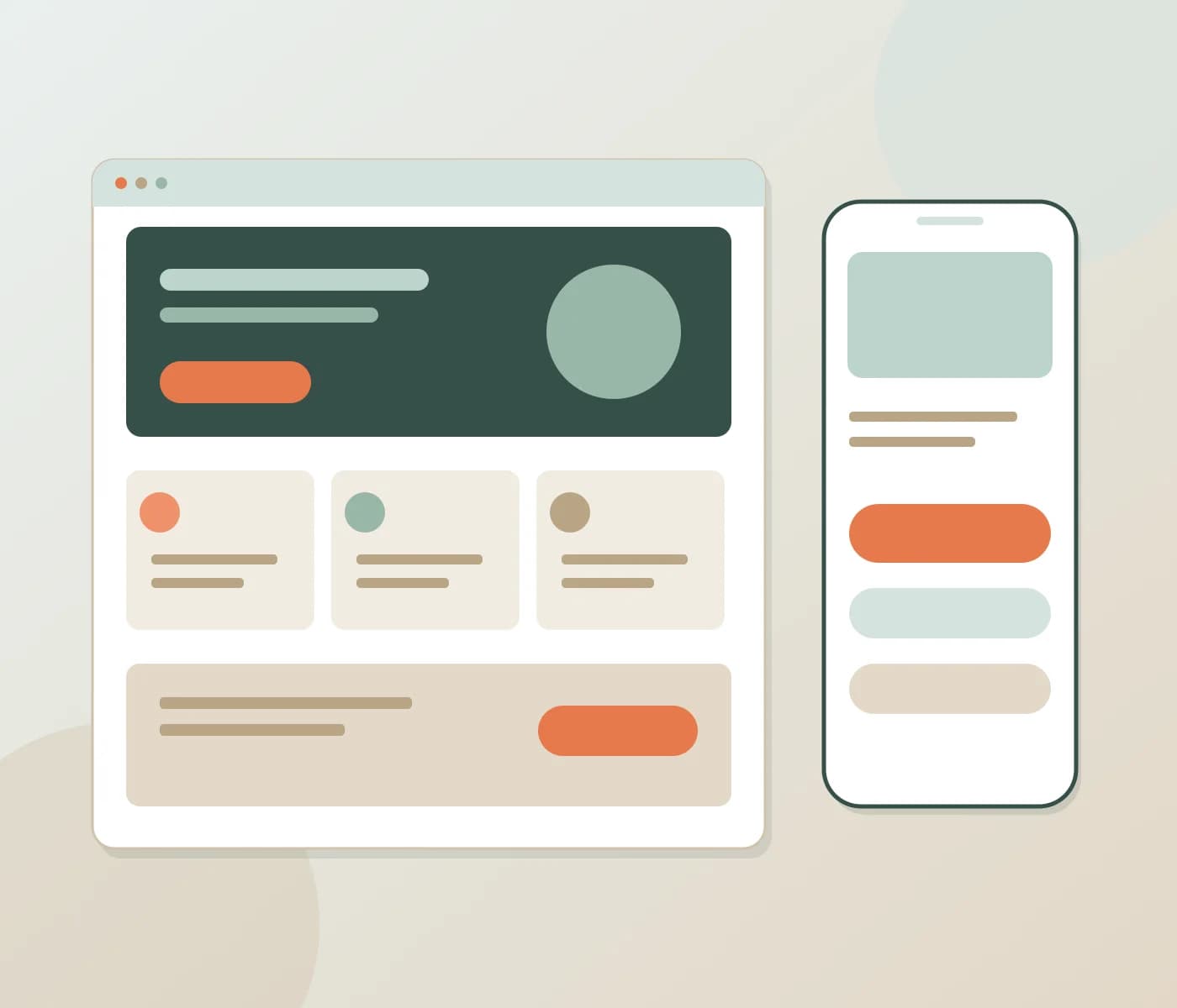 Abstract single-page layout and phone outline with contact panels in sage, sand and coral