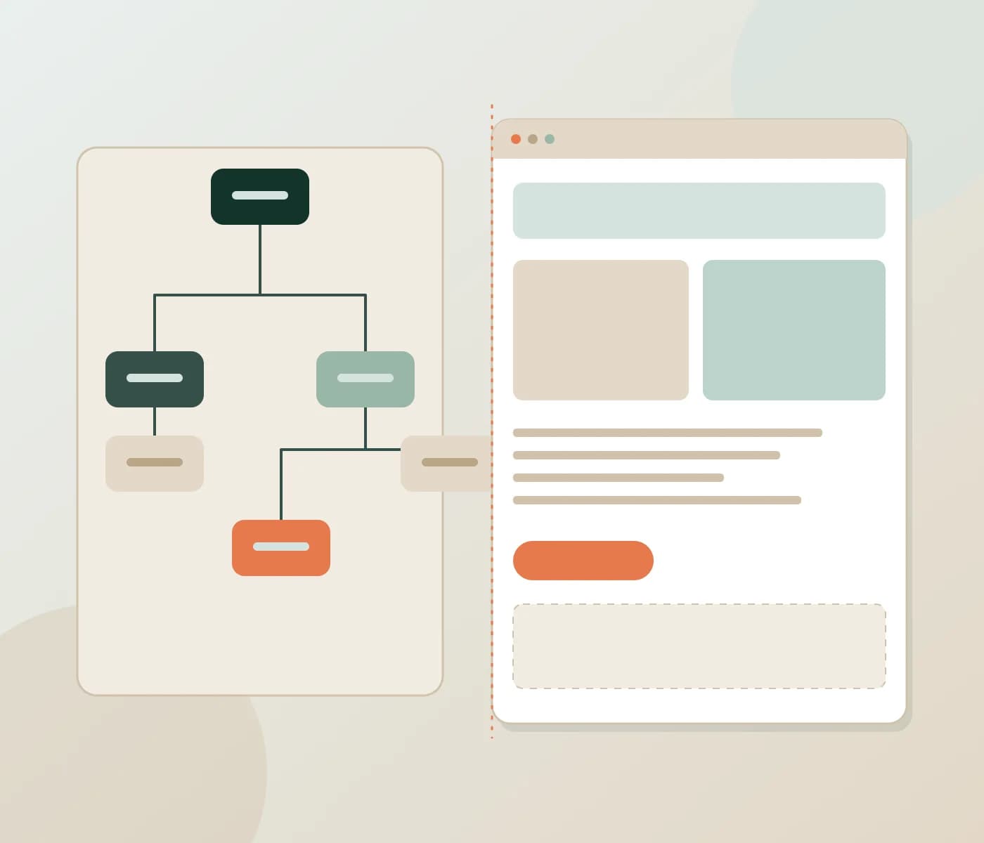 Abstract wireframe of a sitemap connecting page layouts in sage, sand and coral