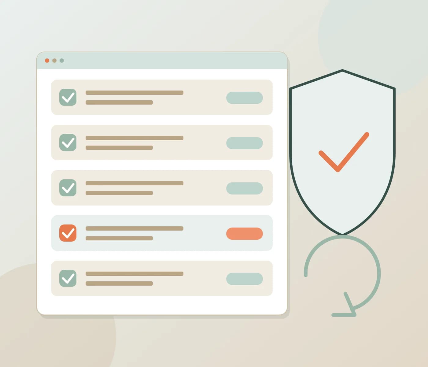 Abstract checklist window with a shield and a circular arrow in sage, sand and coral