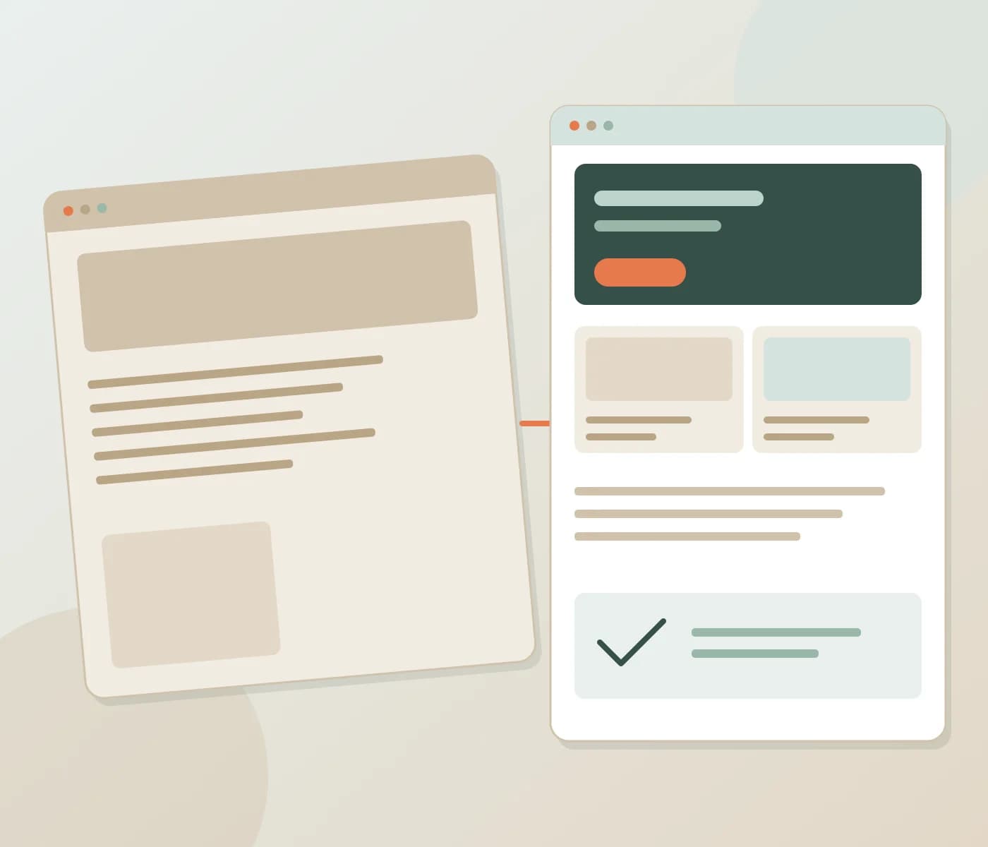 Abstract older page layout beside a newer page layout in sage, sand and coral