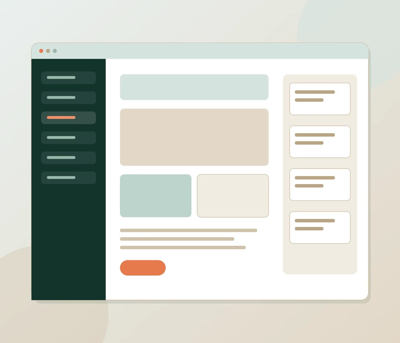 Abstract content blocks and an editing panel in sage, sand and coral